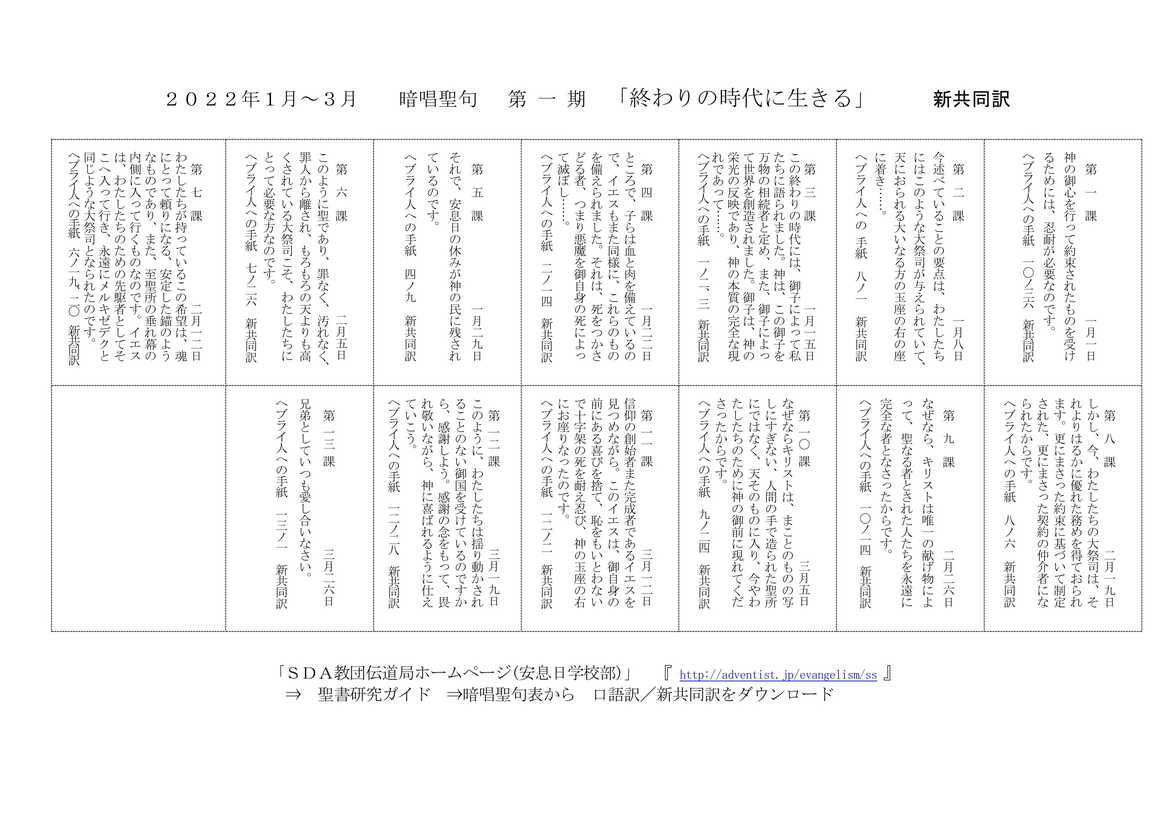 聖書研究ガイドの暗唱聖句表2022年第１期