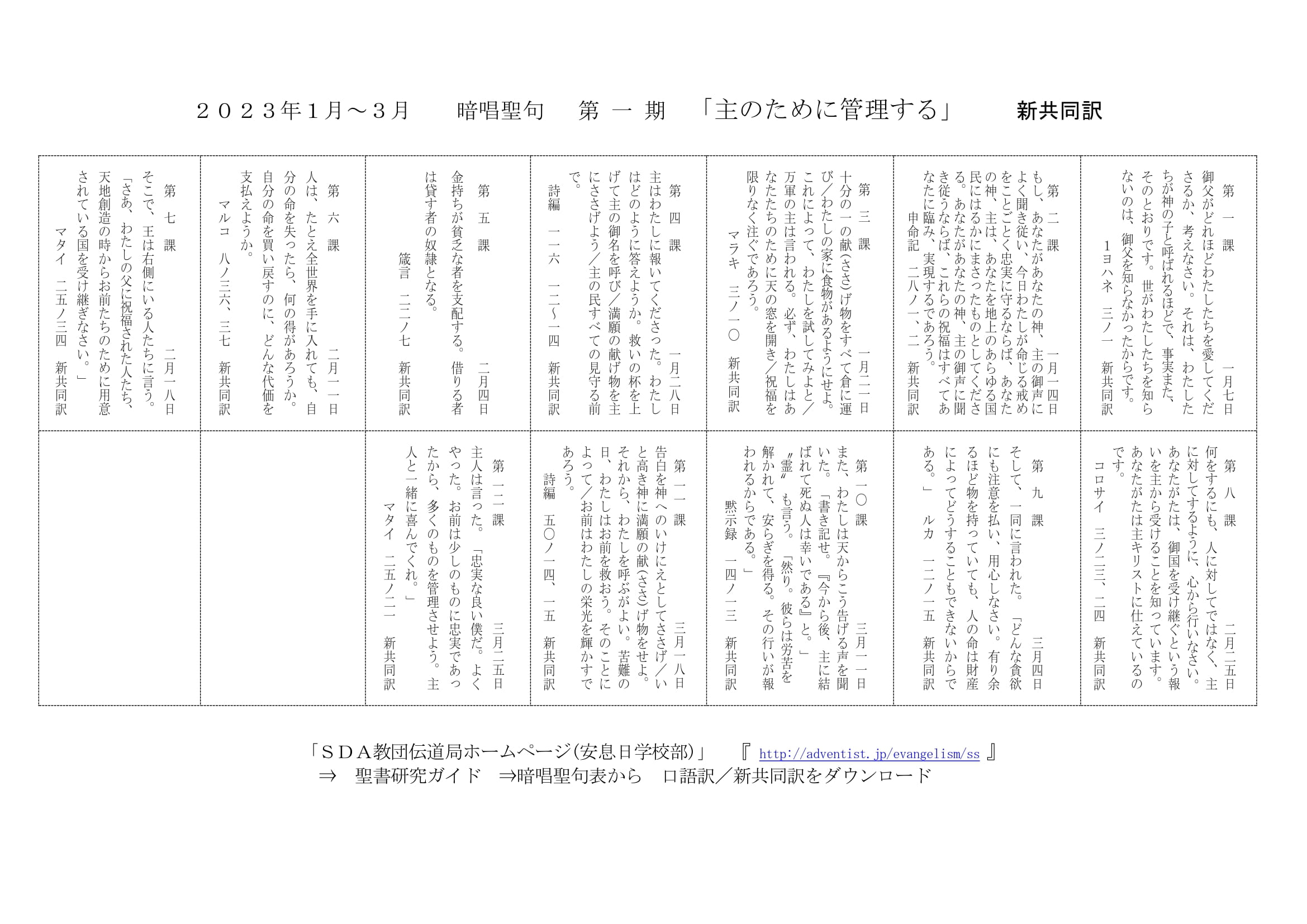聖書研究ガイドの暗唱聖句表2023年第１期