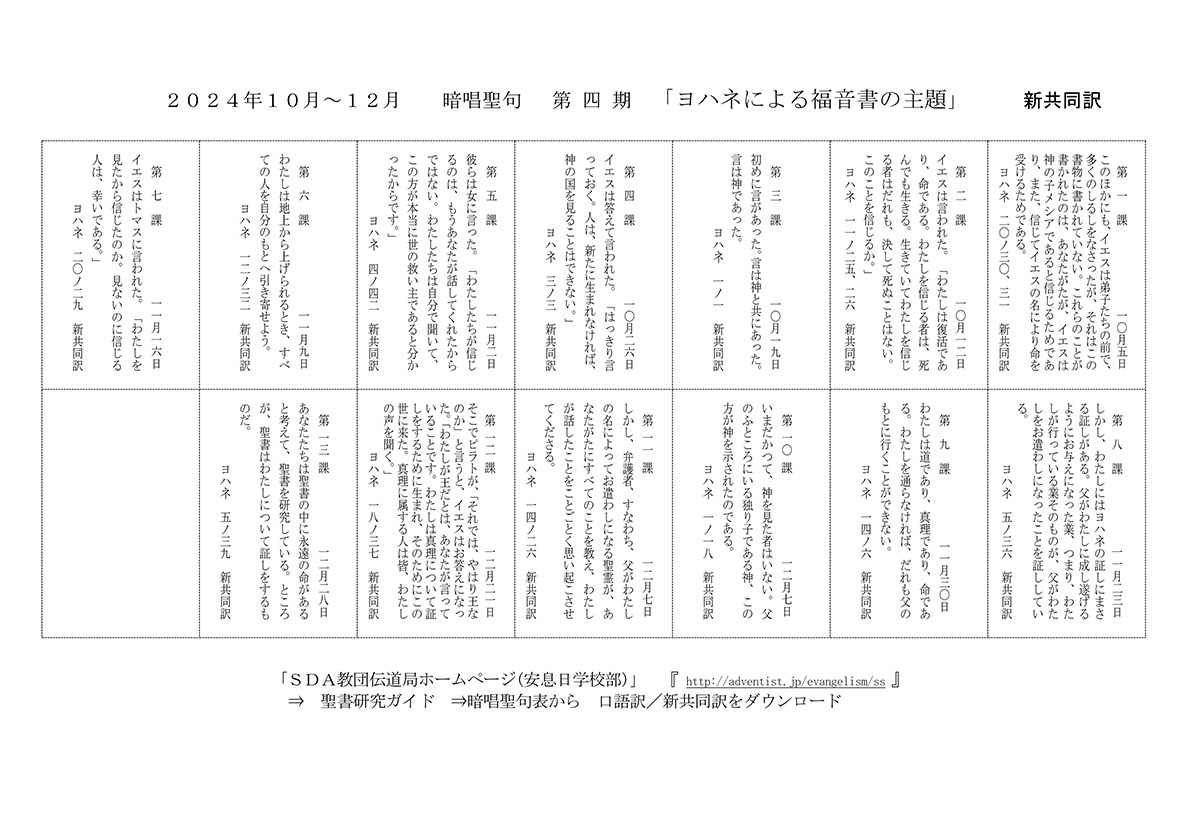 聖書研究ガイドの暗唱聖句表2024年第４期